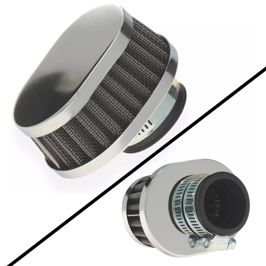 Oval-shaped chrome air filter with a 38mm connection