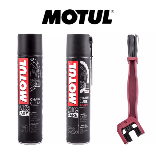 Motul Chain Maintenance Kit - chain cleaner, chain lubricant spray + chain brush