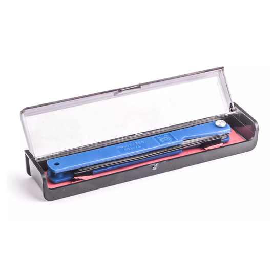 Feeler gauge set with gauge sheets ranging from 0.02 to 1.00 mm for valve clearance